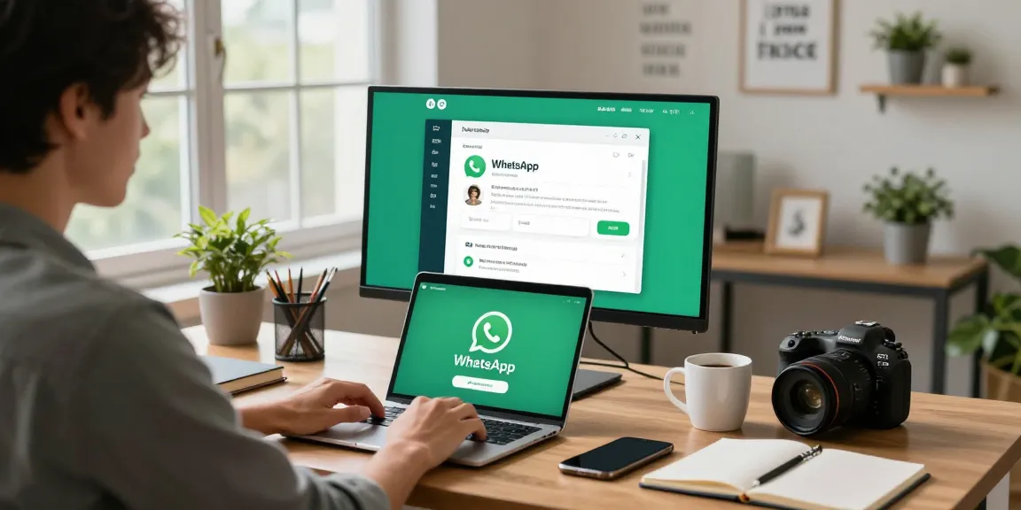 Working on WhatsApp電腦版 with stylish home office setup, showcasing productivity.