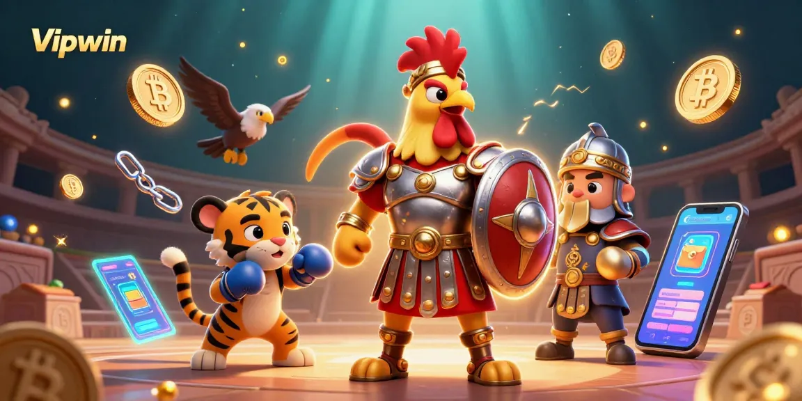Win big with Vipwin in an exciting casino adventure with cartoon gladiators and crypto elements.