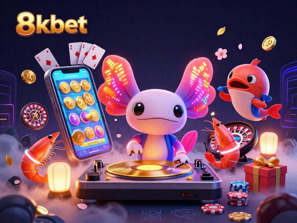 Experience vibrant gaming at 8xbet with a lively neon DJ scene and exciting casino elements.