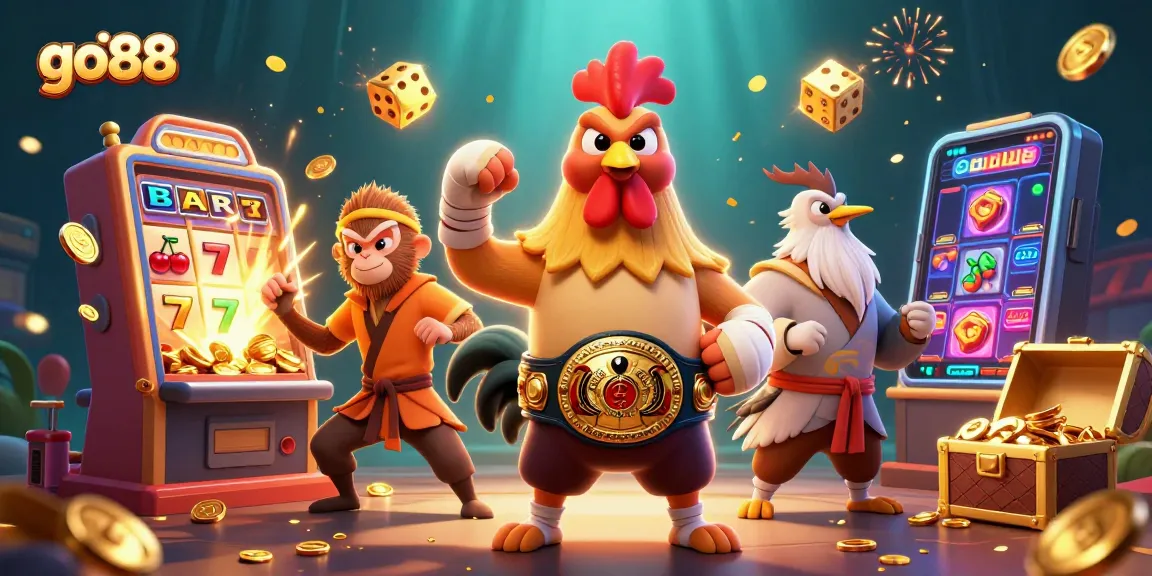 Experience thrilling games at go88, where a Muay Thai rooster and martial artists celebrate jackpots.
