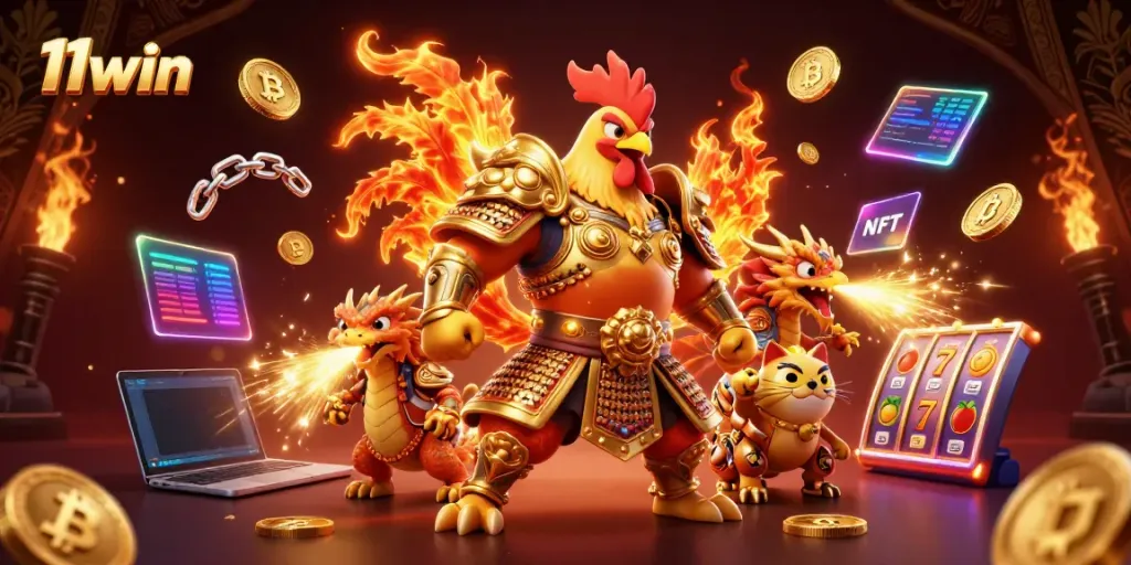 Experience exciting gameplay at 11win with a vibrant illustration featuring iconic gaming characters and elements.