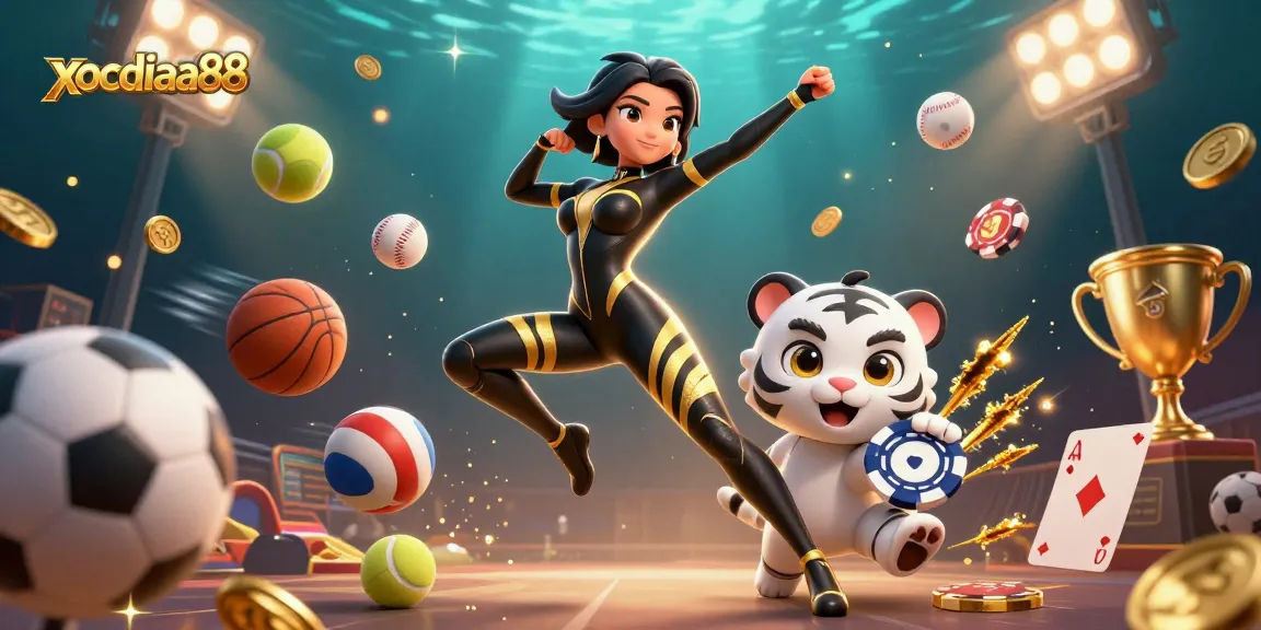 xocdiaa88 showcases a stunning woman in a black catsuit and a baby tiger among sports elements in a vibrant casino scene.