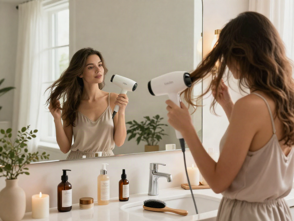 Mit dem Laifen Haartrockner stylt eine junge Frau ihr Haar in einem eleganten, urbanen Badezimmer.