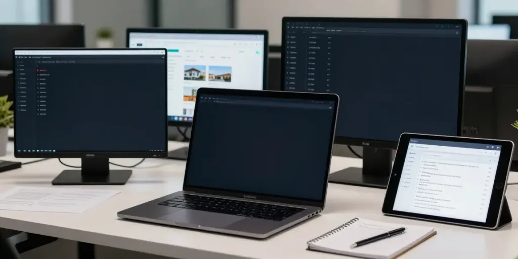 Immobilienmakler Wuppertal, modernes Büro mit Software für Immobilienbewertungen und digitale Plattformen.
