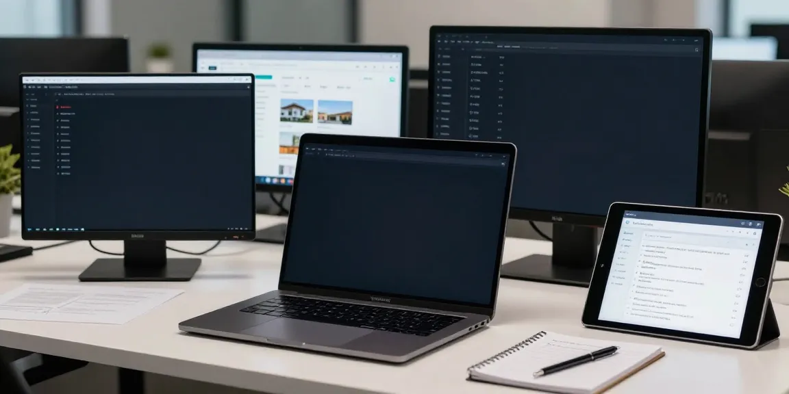 Immobilienmakler Wuppertal, modernes Büro mit Software für Immobilienbewertungen und digitale Plattformen.