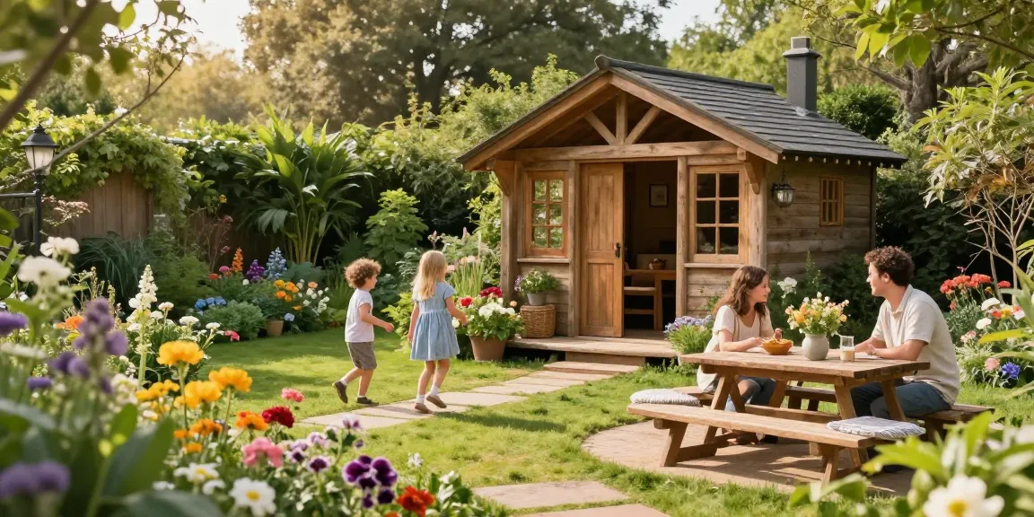 Ein Gartenhaus aus Holz umgeben von bunten Blumen und einer spielenden Familie im Freien.