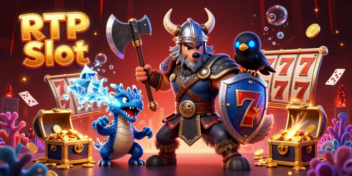 Experience RTP Slot excitement with a Viking, dragon, and vibrant gaming symbols in this dynamic scene.