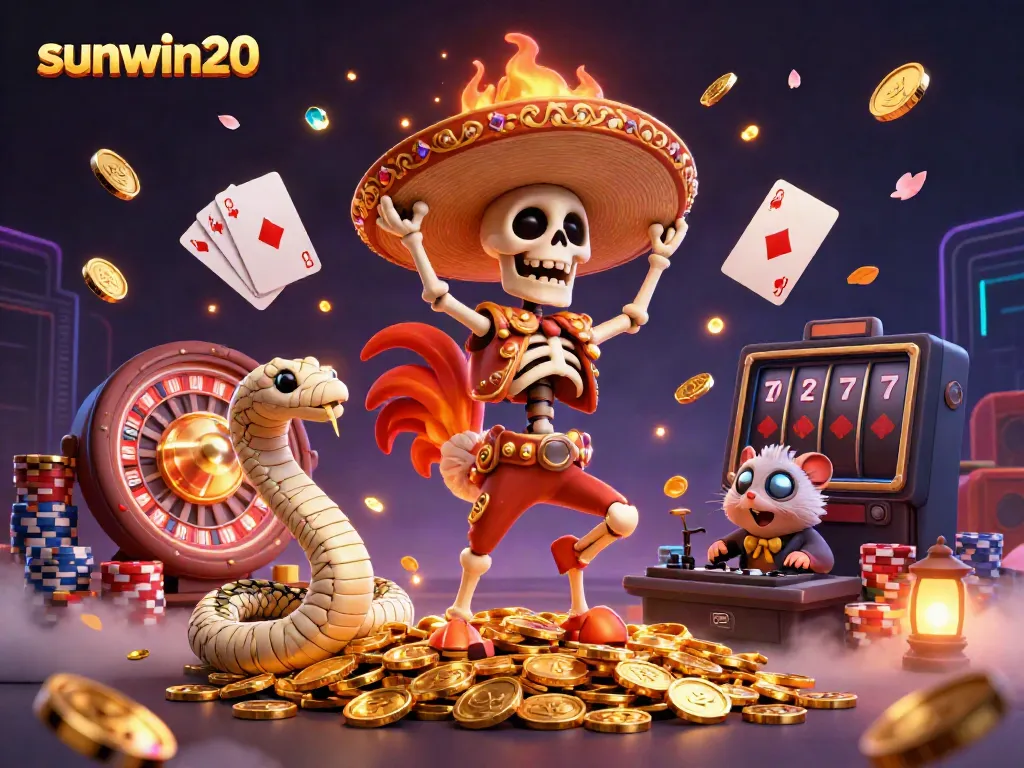 Watch the sunwin20 skeleton mariachi rooster celebrate with golden coins in a dynamic casino scene.