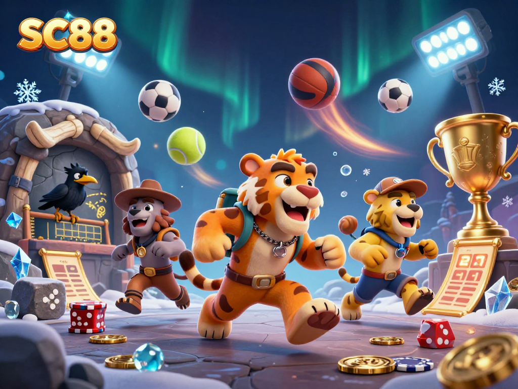 Experience the thrill of SC88 with a vibrant scene of 3D cartoon characters in a dynamic casino.