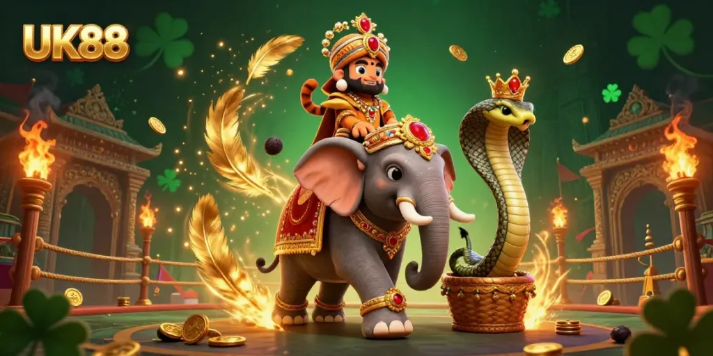 Engage in thrilling adventures with UK88's vibrant 3D casino illustration, showcasing a tiger and elephant.