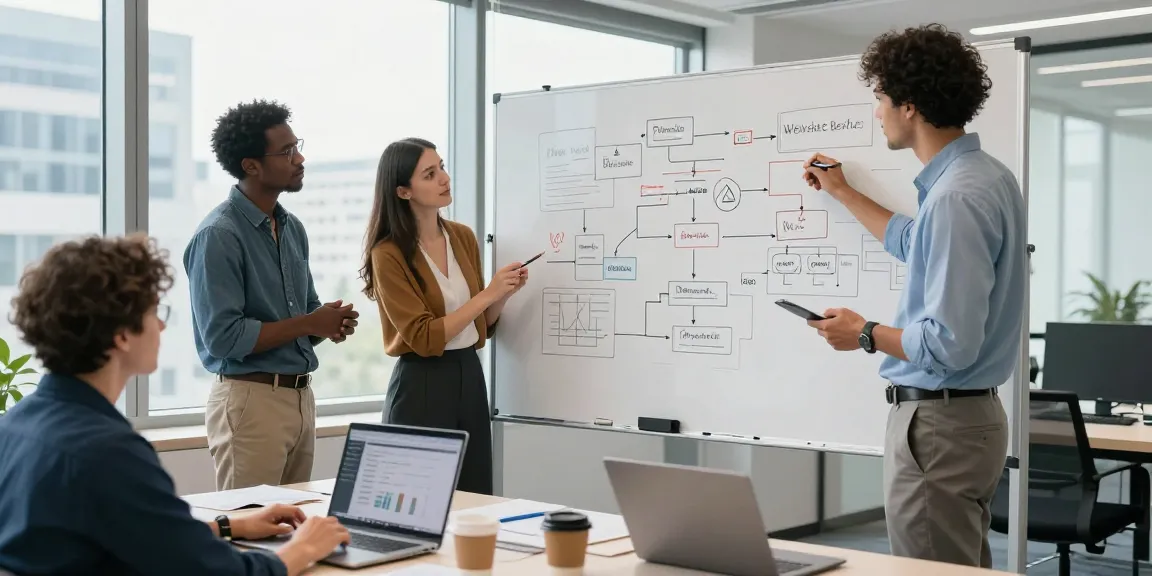 Dynamisches Büromeeting mit verschiedenen Fachleuten, die Webstrategien besprechen, und dabei Web Berater und Website Berater betonen.