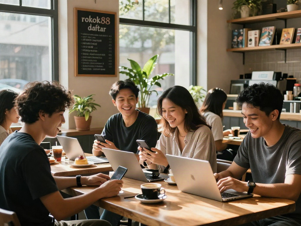 Group of friends at a café discussing rokok88 daftar, with laptops and coffee.