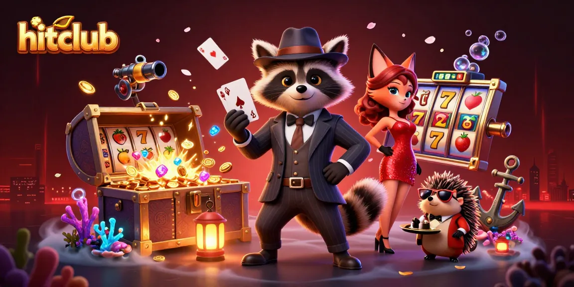 Experience the excitement of hitclub with a raccoon, fox, and hedgehog in a vibrant casino scene.