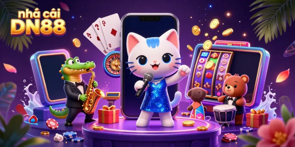 Engage in exciting games at nhà cái DN88 with vibrant 3D cartoon characters in a casino scene.