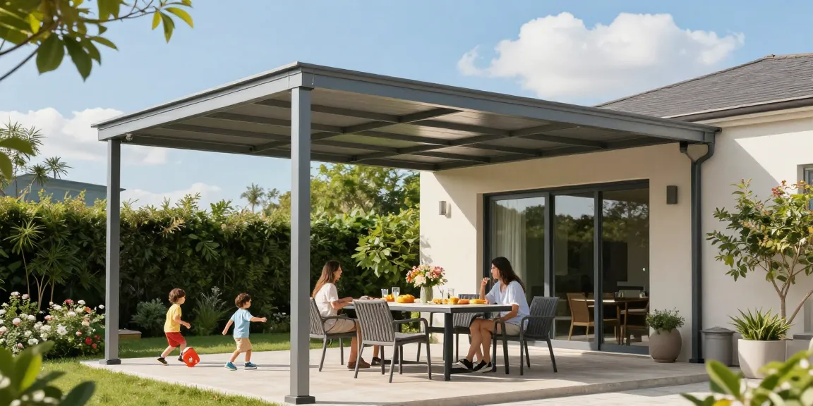 Moderne Terrassenüberdachung mit Familie auf sonniger Terrasse, ideal für entspanntes Beisammensein.