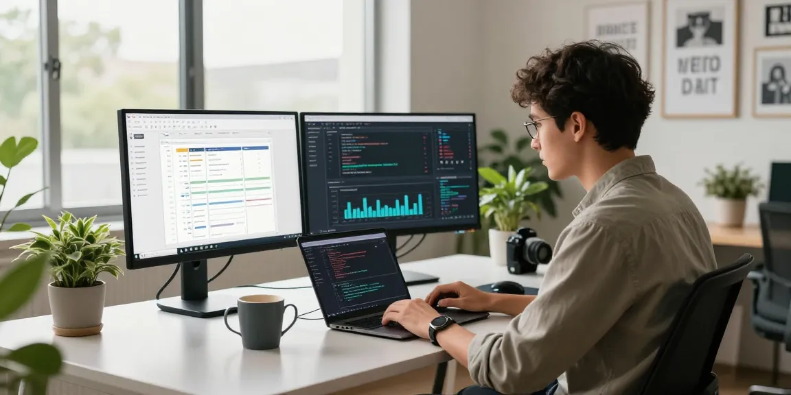 Build internal tools with AI in a modern office workspace showcasing coding, project management, and innovation.