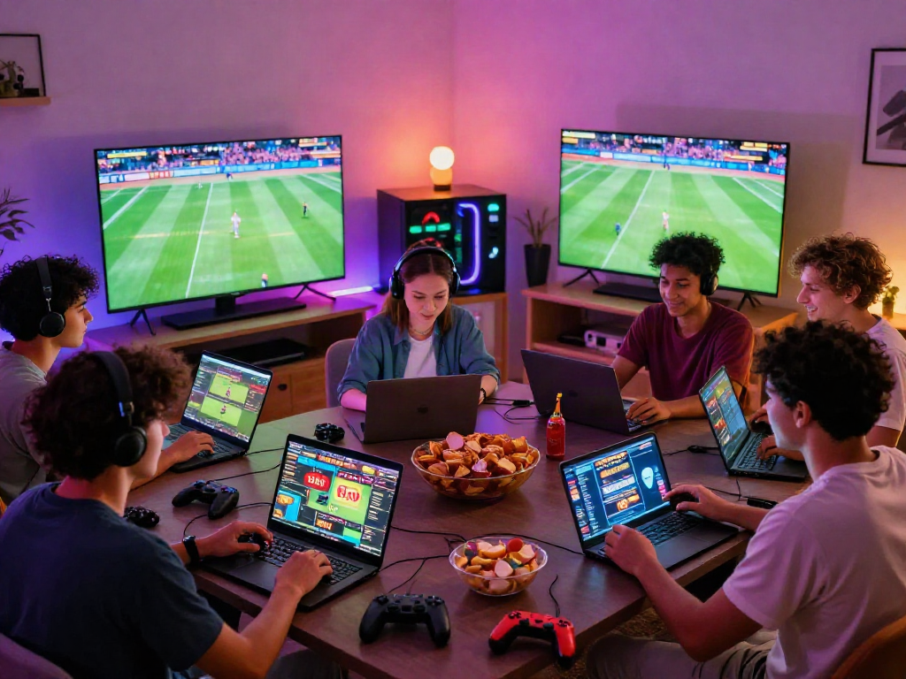 Exciting group playing Uk88 online games in a vibrant living room setting.