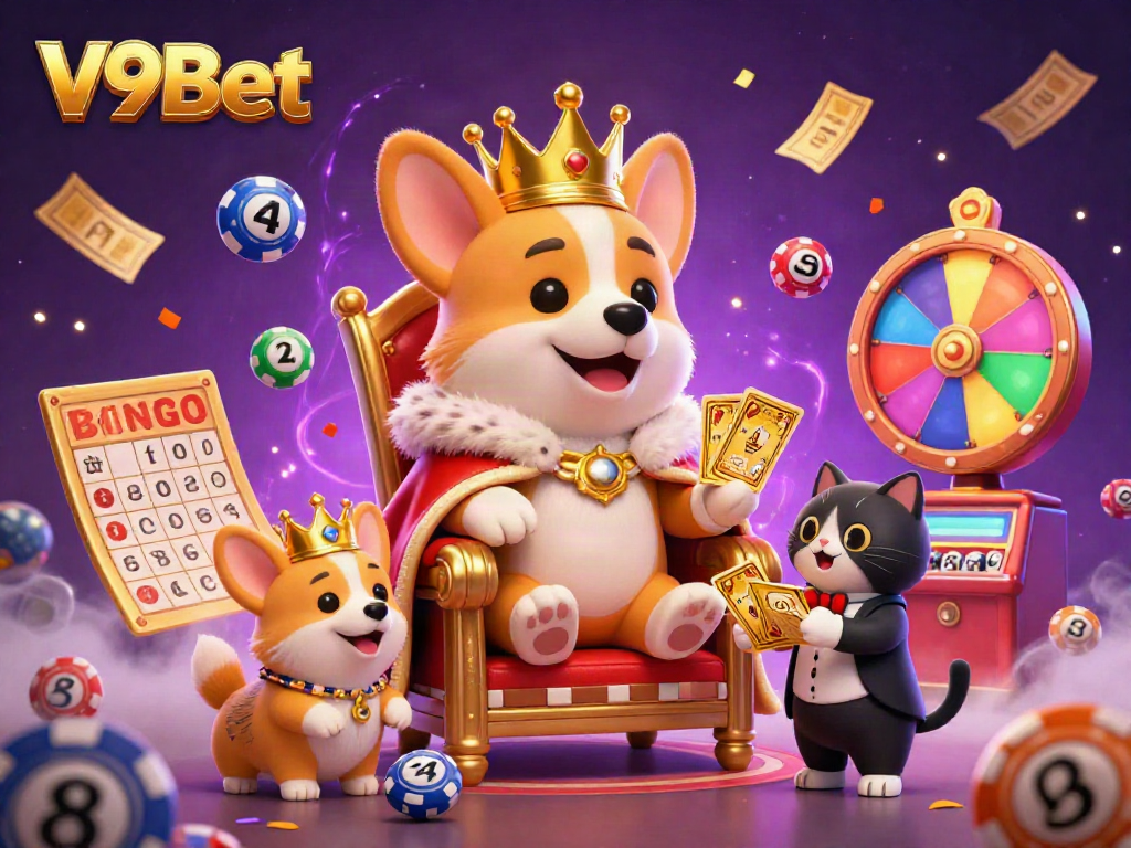 Engage with V9Bet's vibrant gaming adventure featuring a royal corgi, lively lottery elements, and a captivating casino atmosphere.