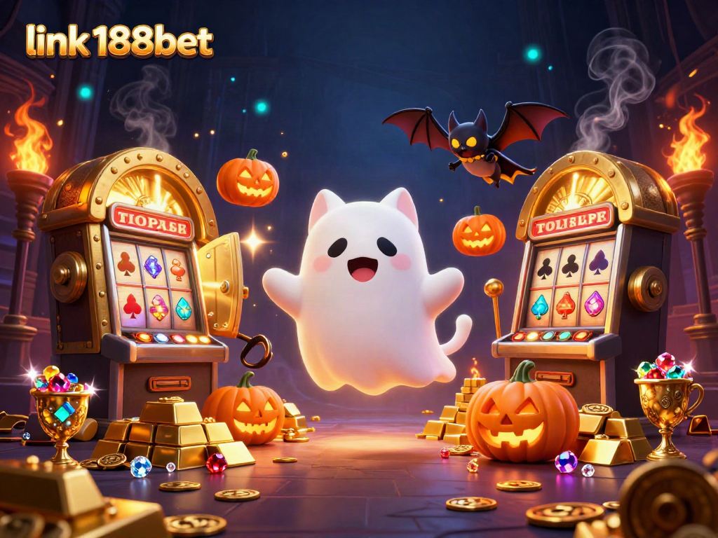Experience excitement with link 188bet, featuring a ghost cat and treasure in a vibrant casino scene.