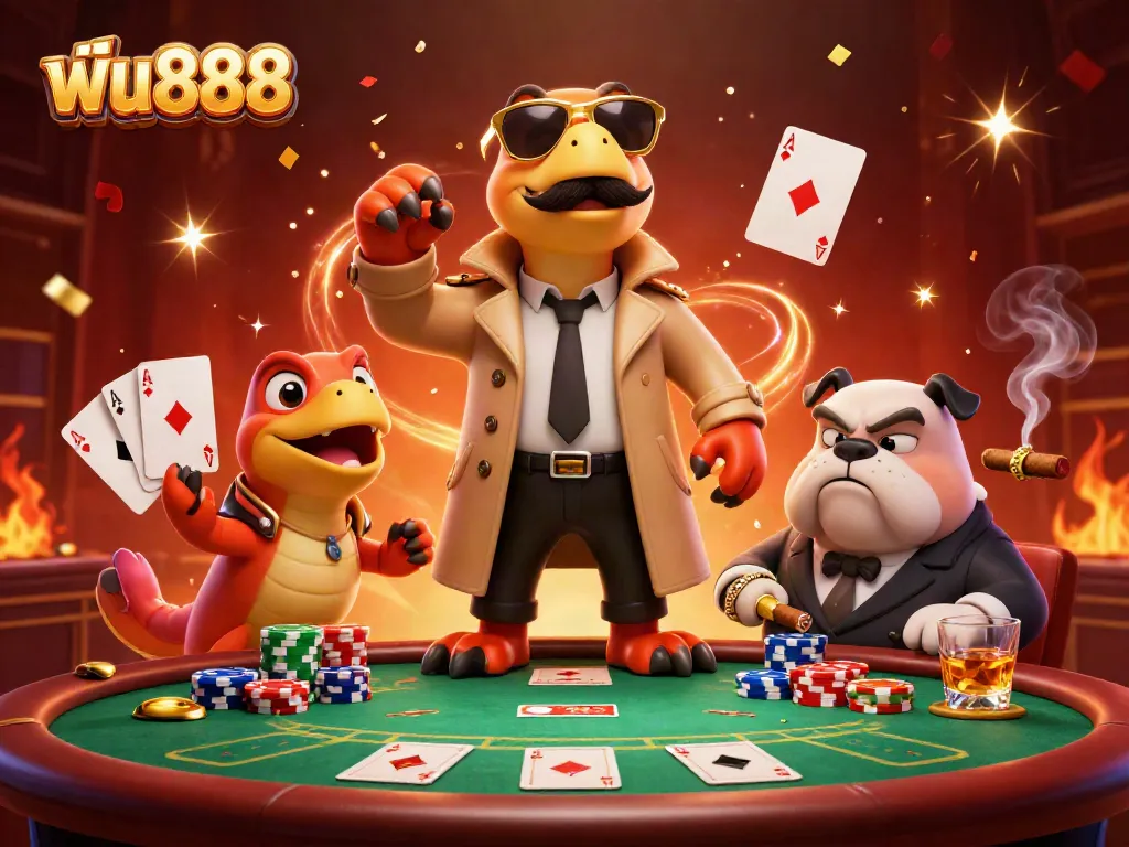 Experience the thrill of ฟัน888 in a lively casino scene featuring cartoon raptors and poker elements.