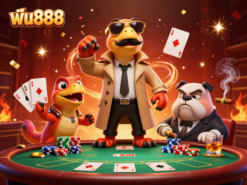 Experience the thrill of ฟัน888 in a lively casino scene featuring cartoon raptors and poker elements.