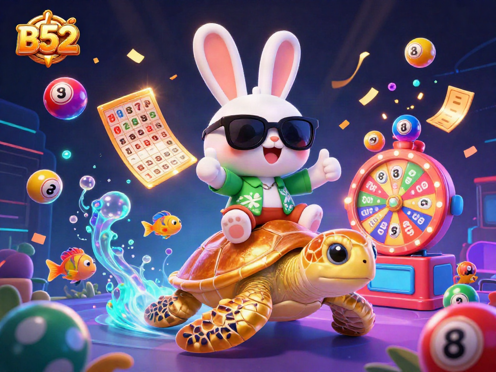 Engage with the thrilling B52 casino experience through vibrant lottery balls and lucky characters.