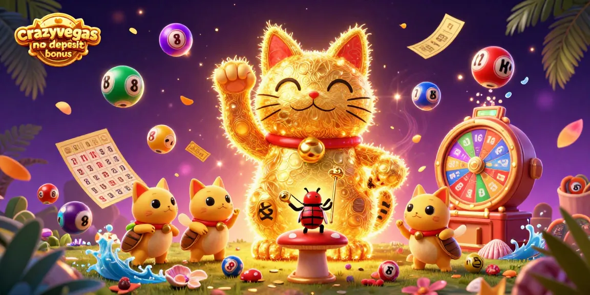 Experience vibrant excitement with the crazyvegas no deposit bonus, showcasing a lucky cat and casino elements bursting with energy.