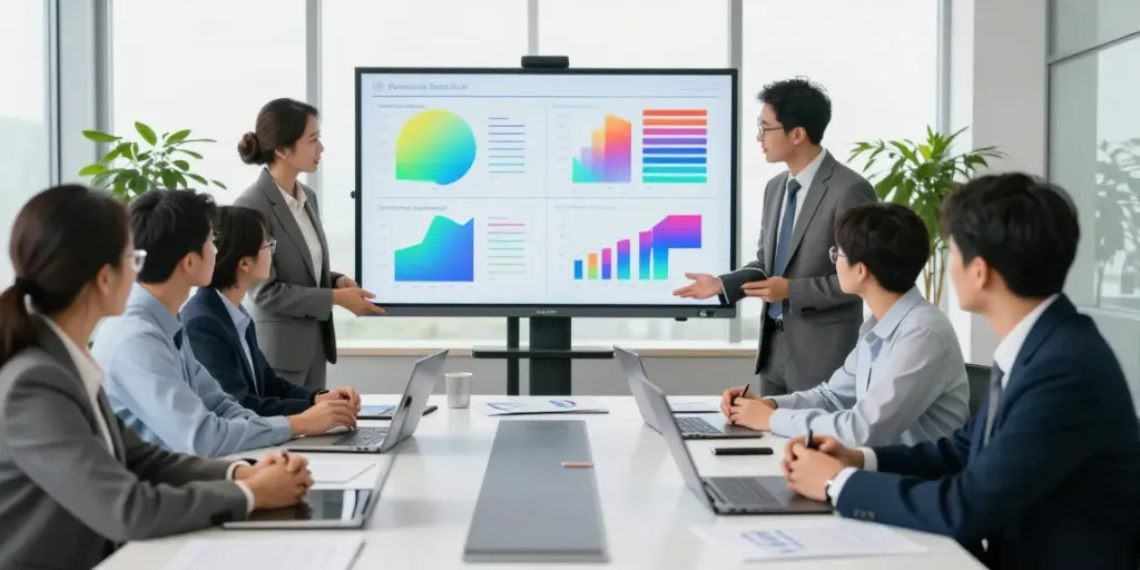Oficina de finanzas donde el equipo analiza estrategias para BBVA con gráficas y documentos.