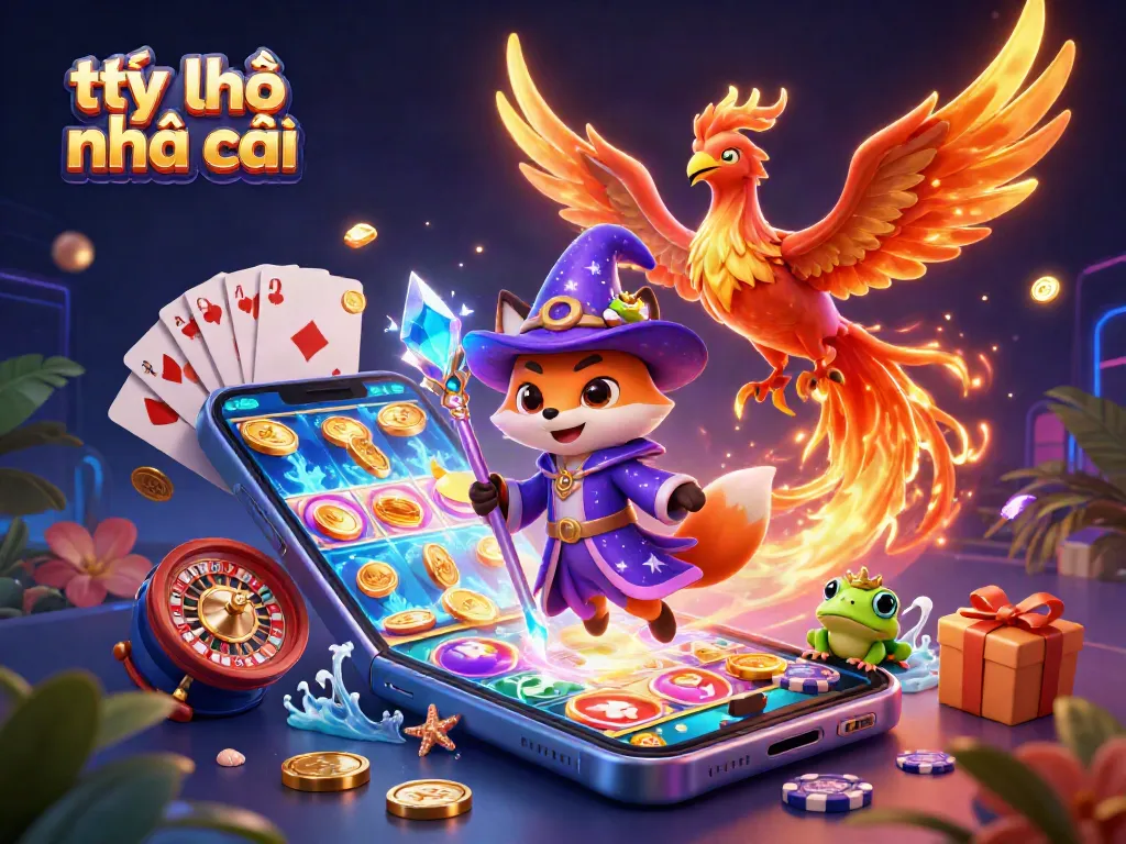 Experience the thrill of tỷ lệ nhà cái with a mystical fox wizard, phoenix, and magical casino elements.