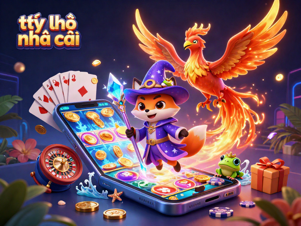 Experience the thrill of tỷ lệ nhà cái with a mystical fox wizard, phoenix, and magical casino elements.