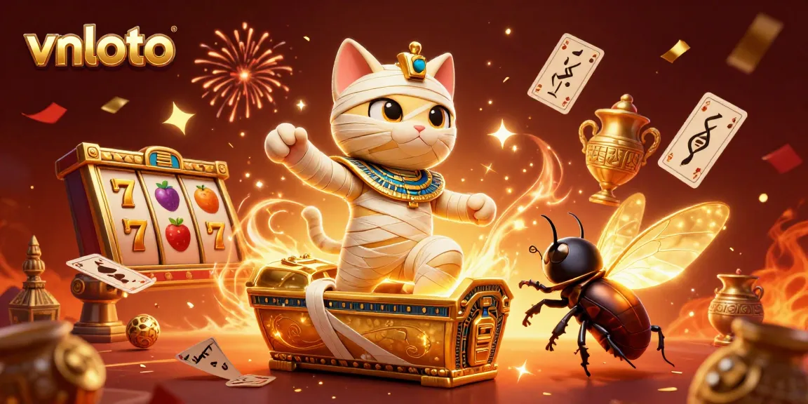 vnloto offers a thrilling gaming experience with a dynamic scene featuring a cartoon mummy cat and slot games.