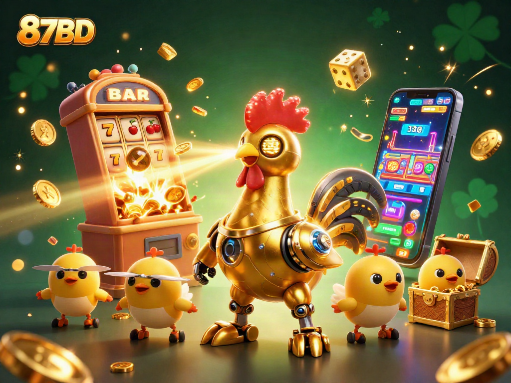 Experience the thrill of winning at 87BD with a dynamic 3D casino illustration featuring vibrant game elements.