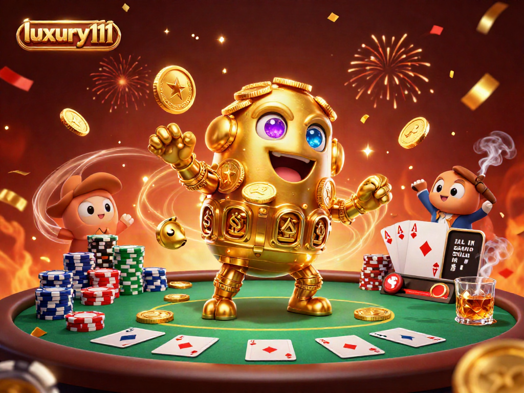 Experience luxury111 with a vibrant 3D casino scene featuring golden golem and poker elements.