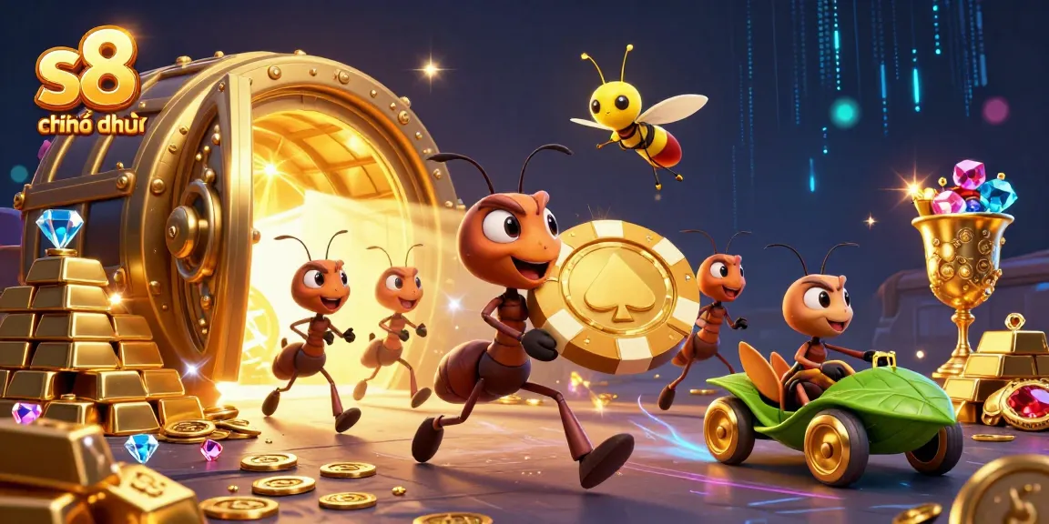 In "s8 chính thức", ants steal a giant poker chip amidst a vibrant casino heist scene.