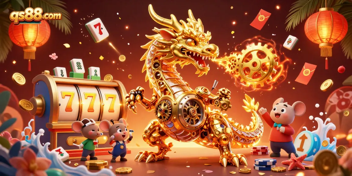 Experience thrilling action at qs88com with a vibrant scene of a mechanical dragon surrounded by casino elements.