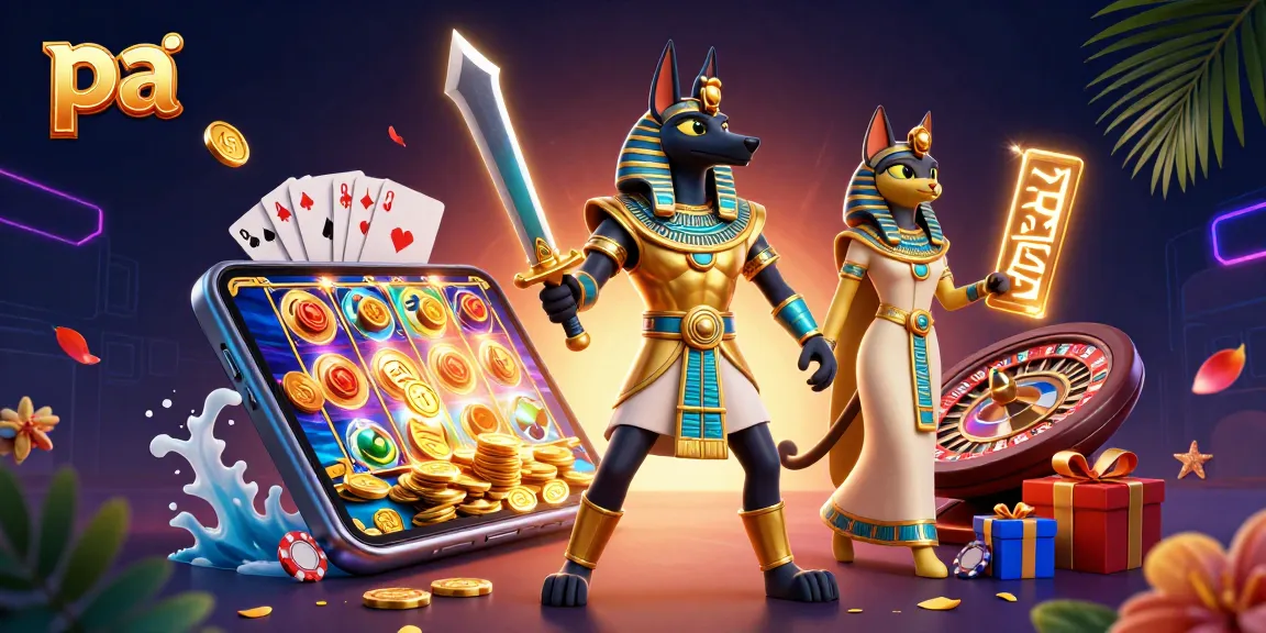 Engage with thrilling slot action at pa with Anubis and Bastet amid vibrant casino elements.