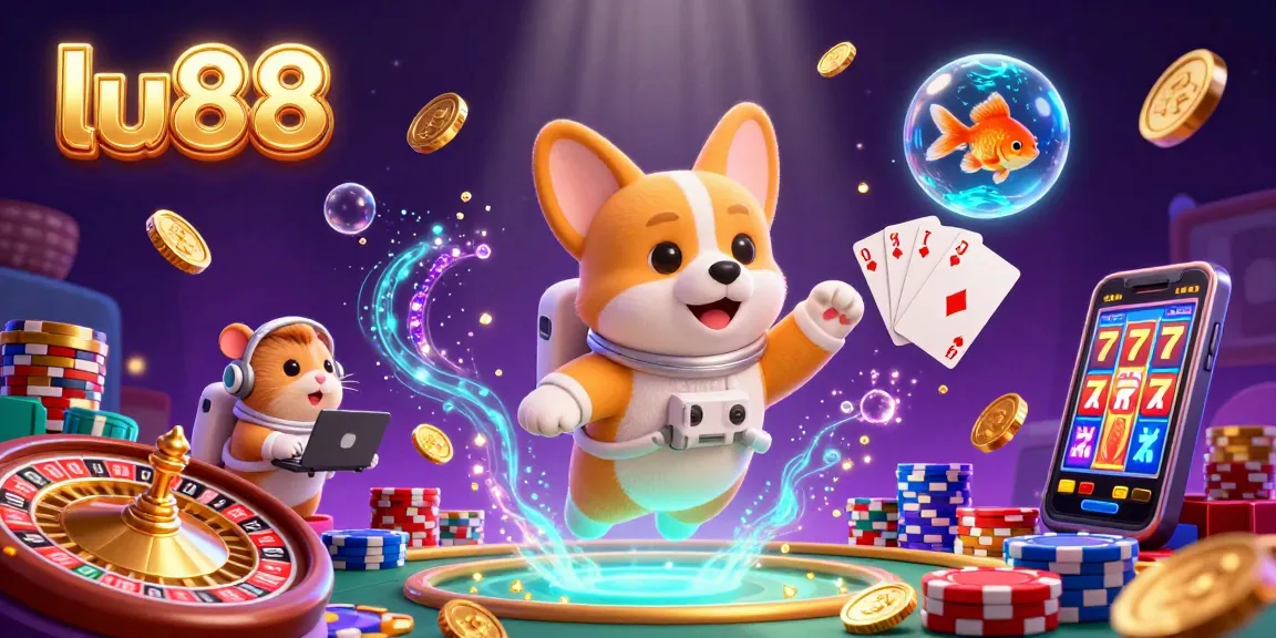 Play casino games at lu88 with a corgi astronaut and vibrant floating elements enhancing the fun.