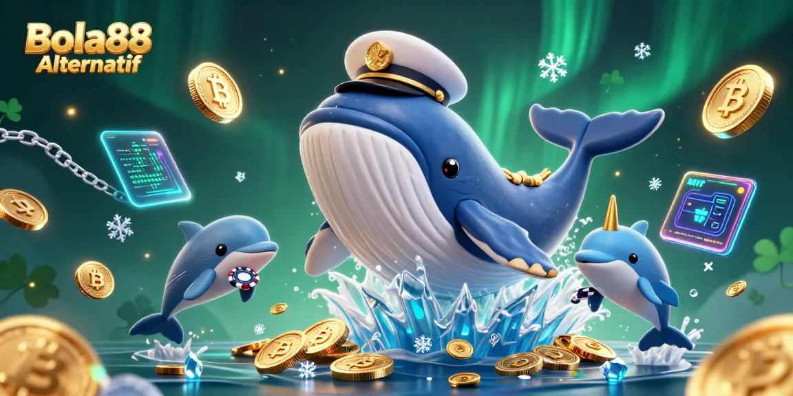 Engage in the excitement of Bola88 Alternatif with whales, dolphins, and poker chips in a dynamic casino scene.