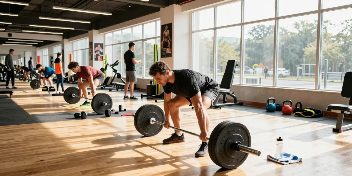Anabolika Shop: Athlet beim Deadlifting in modernem Fitnessstudio mit Sonnenlicht und motivierenden Postern.