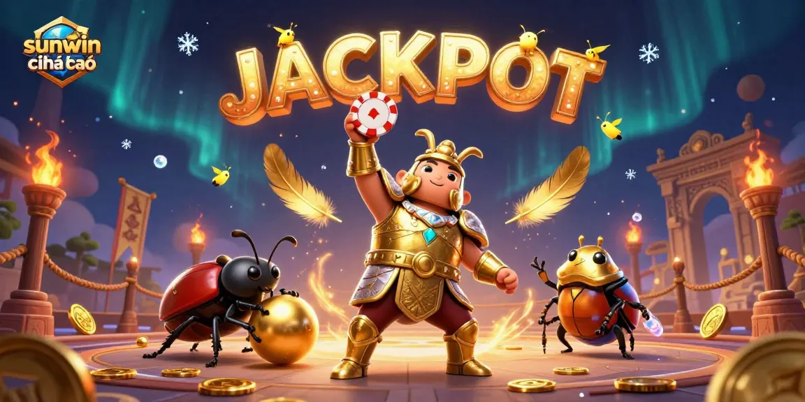 Experience the excitement at sunwin chính chủ with a victorious beetle lifting a poker chip under a golden glow.
