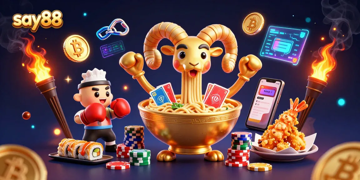 Experience exciting gaming with say88 as a golden ramen bowl deals cards in a vibrant, casino-inspired scene.