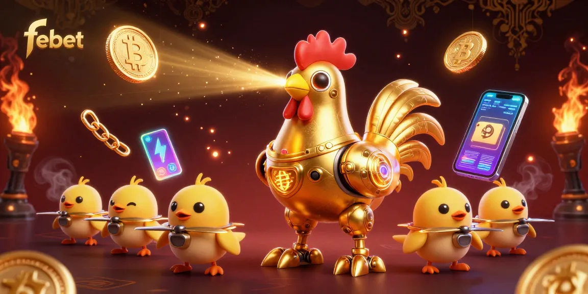 Experience the vibrant gameplay of febet with a futuristic golden rooster robot and cryptocurrency elements.