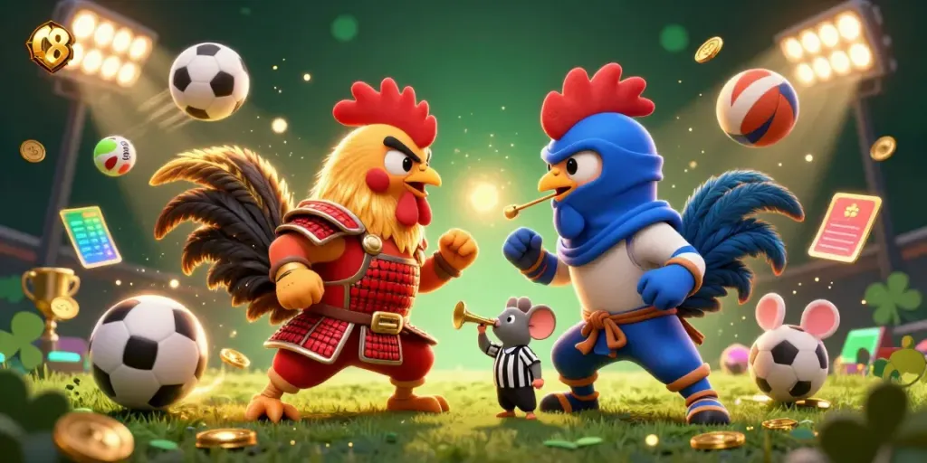Engage in dynamic sports betting with O8, featuring 3D cartoon rooster duel and golden trophies.