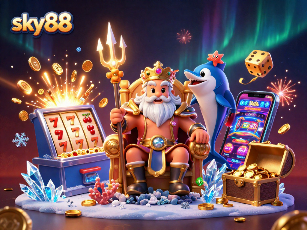 Experience the thrill of sky88 with Neptune and his friends in this dynamic casino scene.