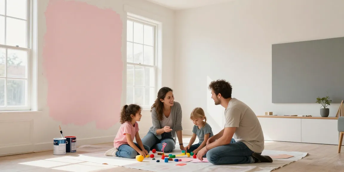 Familie bei der Sanierung im Wohnzimmer in Augsburg mit fröhlicher Atmosphäre