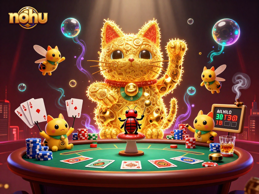 Nohu's vibrant lucky cat symbol surrounded by high-stakes poker action in a colorful 3D illustration.