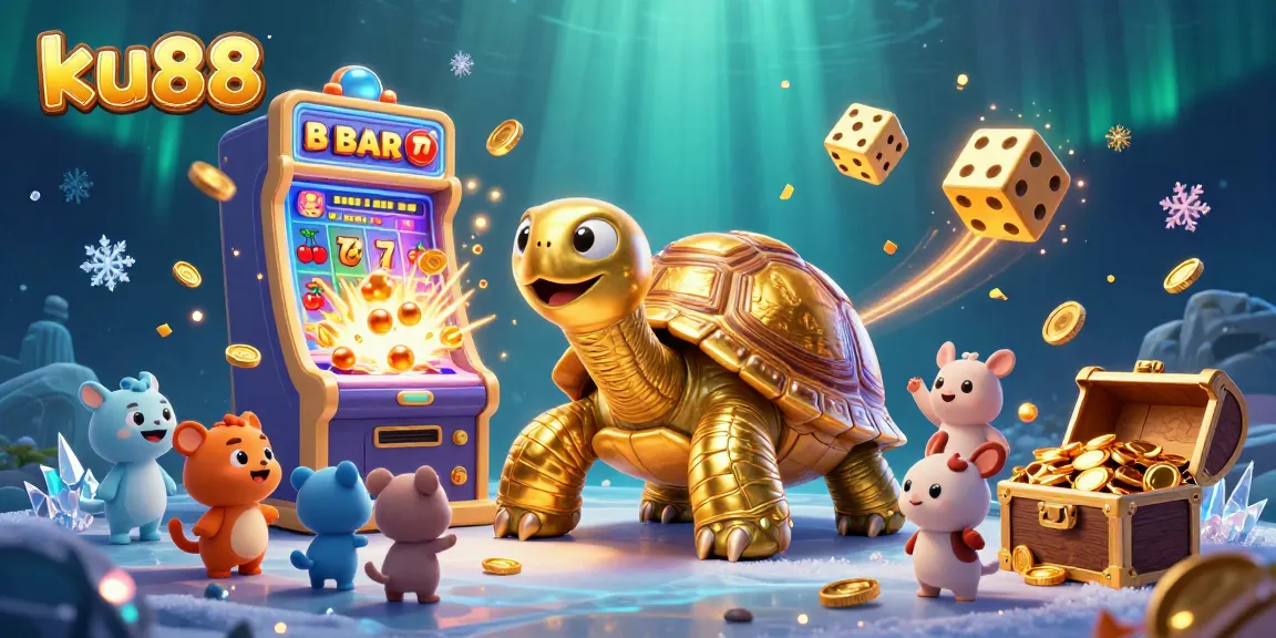 ku88 themed casino illustration showcasing a lively tortoise pinball machine with exciting game elements