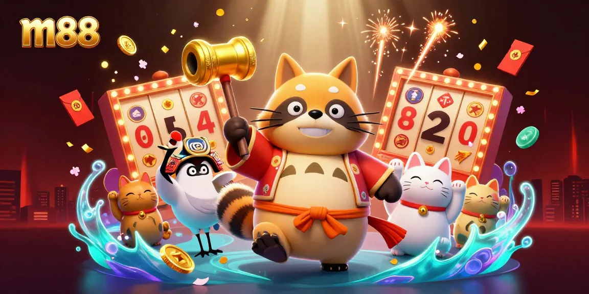 Engage with m88's vibrant slots featuring cheerful tanuki and festive elements in a rich gambling atmosphere.