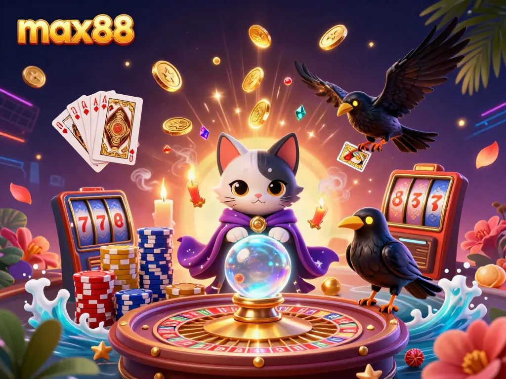Engage in max88's thrilling online casino with mystic characters, vibrant scenes, and sparkling game elements.