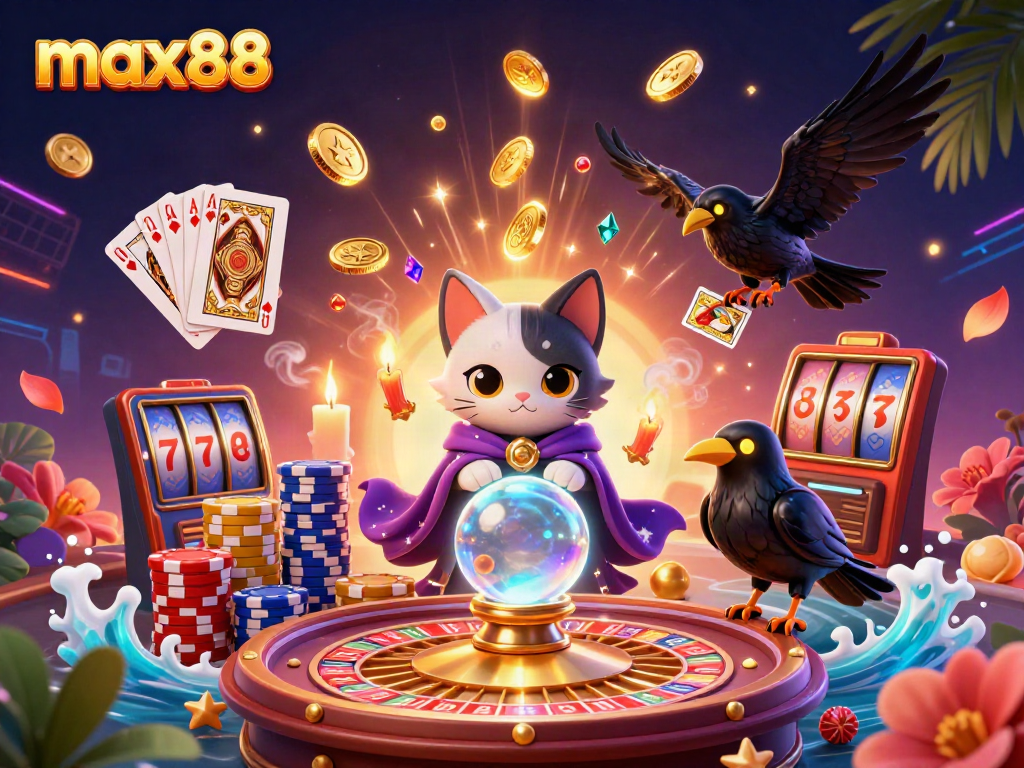 Engage in max88's thrilling online casino with mystic characters, vibrant scenes, and sparkling game elements.